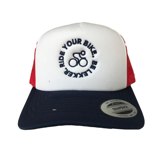 Navy, White & Red Trucker Cap - Ride Your Bike